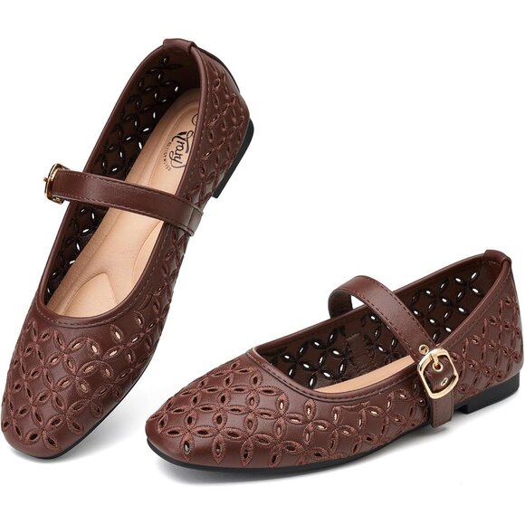 Women's Coffee Ballet Squared Toe Ankle Strap PU Comfortable Dressy Flats Shoes - Picture 1 of 6